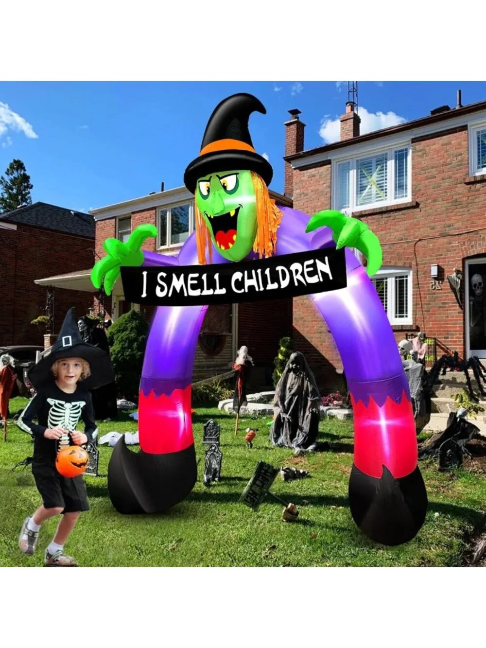 Spooky Halloween Outdoor Decor - Inflatable Witch with Banner Archway Display